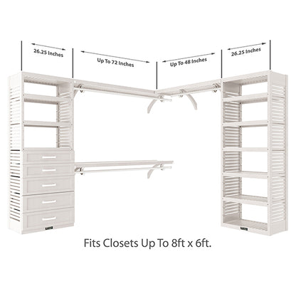 White L Shaped Walk In Closet Organizer with 5 Drawers Size Dimensions