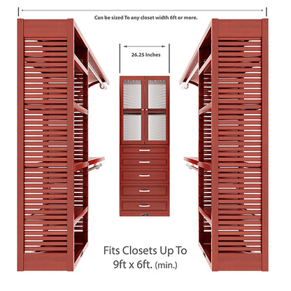 Red mahogany U shaped walk-in closet organizer with drawers, doors front view size dimensions