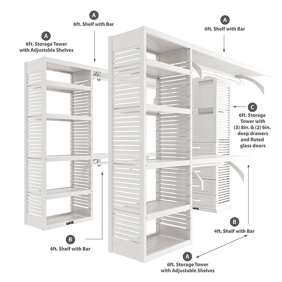 White U shaped walk-in closet organizer with drawers, doors parts included