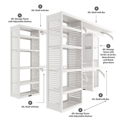 White U shaped walk-in closet organizer with drawers, doors parts included
