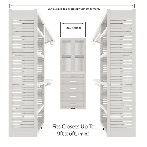 White U shaped walk-in closet organizer with drawers, doors front view size dimensions