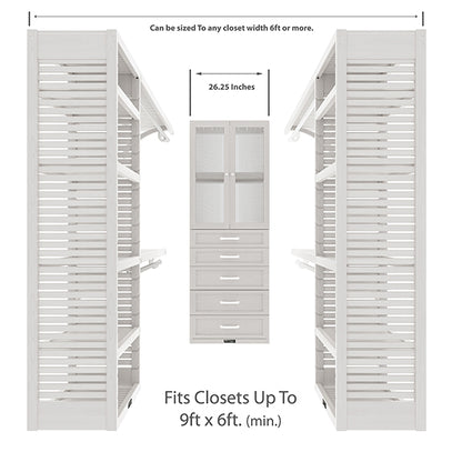 White U shaped walk-in closet organizer with drawers, doors front view size dimensions