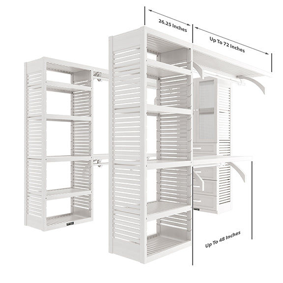 White U shaped walk-in closet organizer with drawers, doors size dimensions
