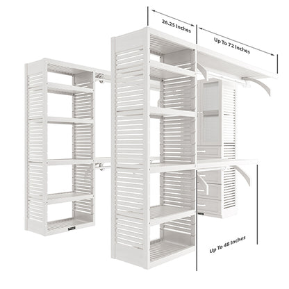 White U shaped walk-in closet organizer with drawers, doors size dimensions