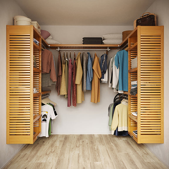Honey maple U shaped walk-in closet organizer with shelves and hanging clothes