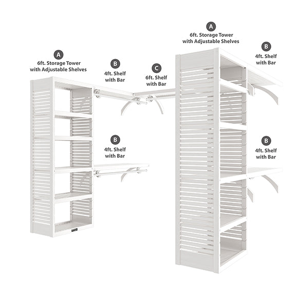 White U shaped walk-in closet organizer size parts included 
