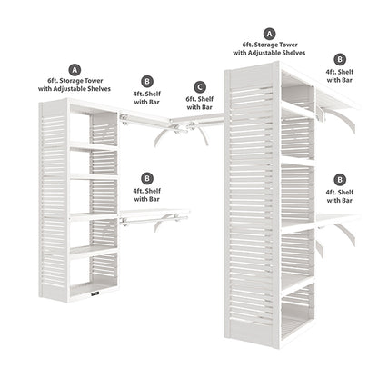 White U shaped walk-in closet organizer size parts included 