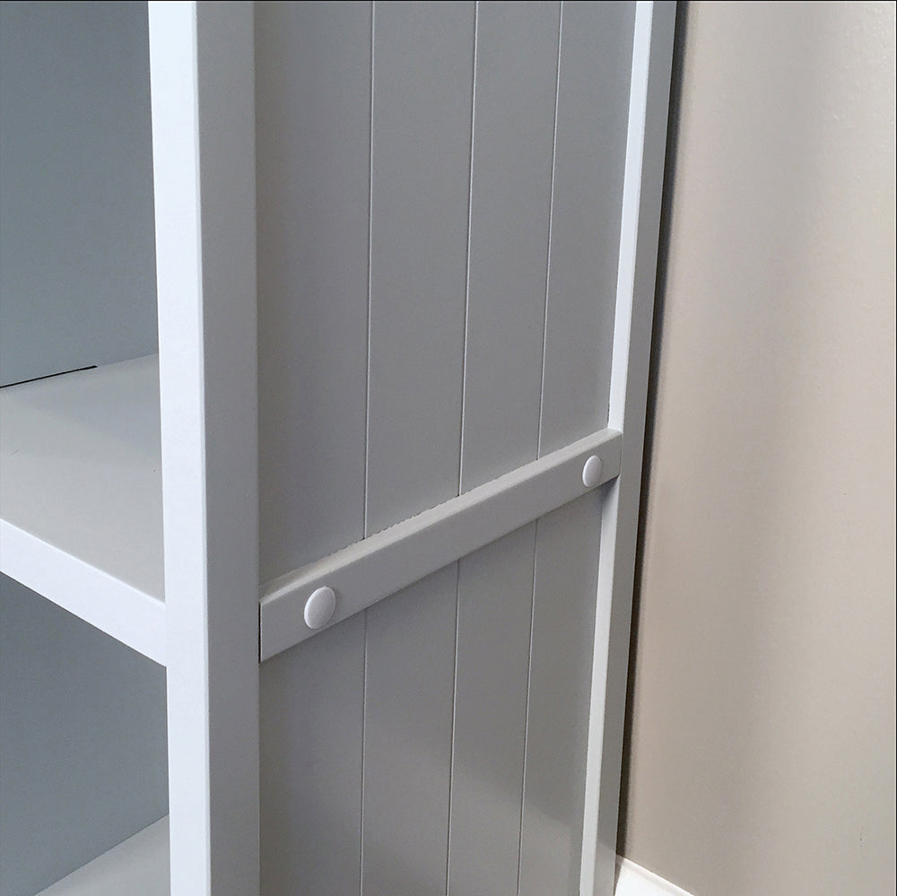 closeup details of the solid wood side panel of a grey 4 cube organizer