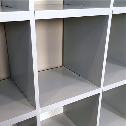 closeup of cubby storage in a grey 9 cube organizer