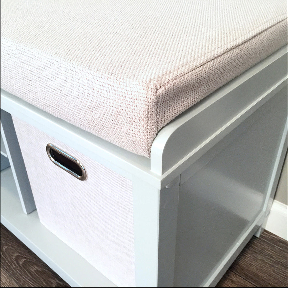 closeup of side details on grey entryway bench