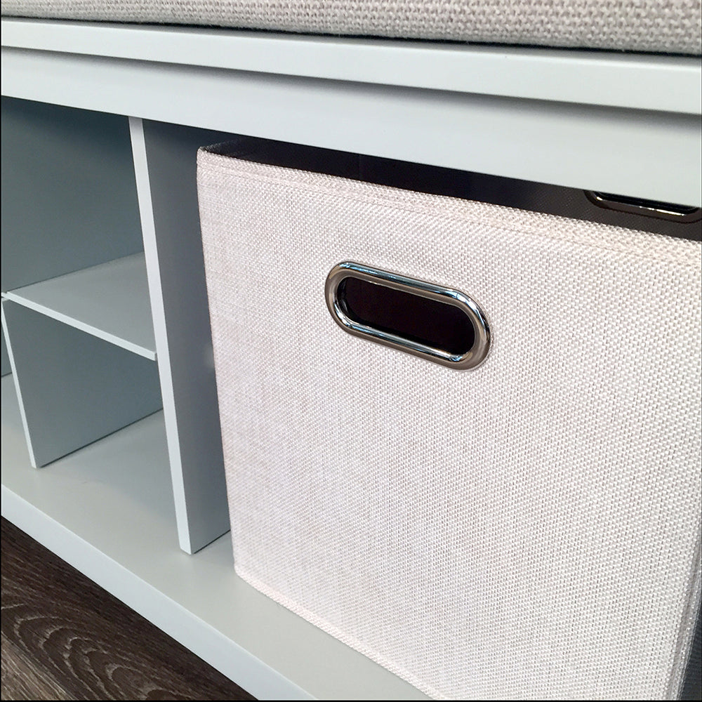 close up of cream tweed bin in grey entryway bench