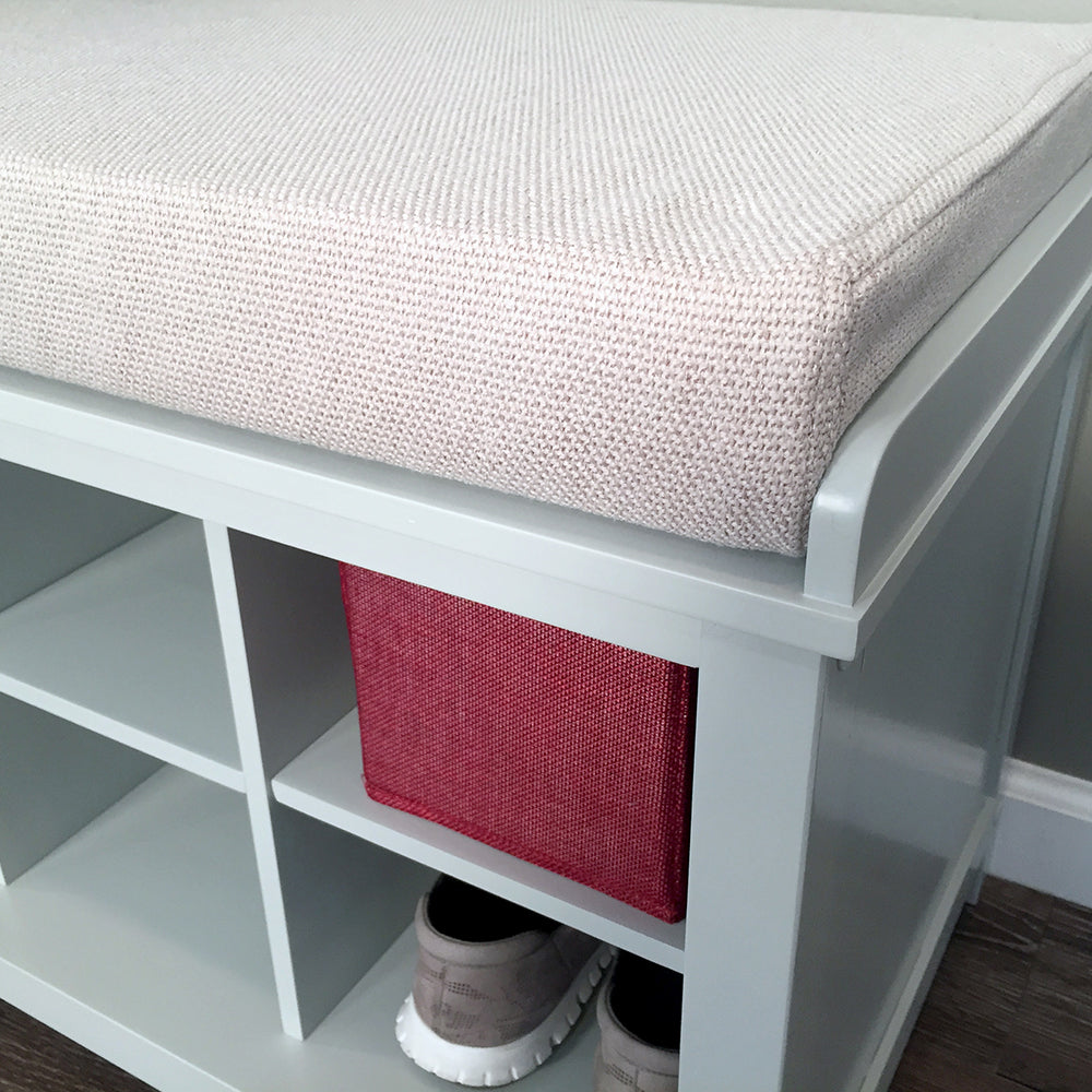 closeup of tweed seat cushion on a Frey shoe bench
