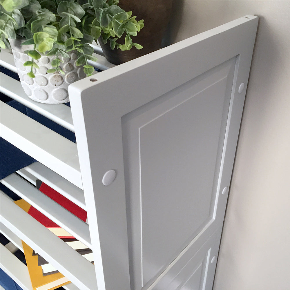 closeup of the details of the side of the grey 2 tiered shelving rack