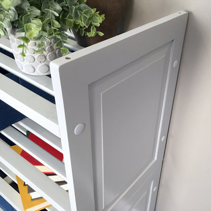 closeup of the details of the side of the grey 2 tiered shelving rack