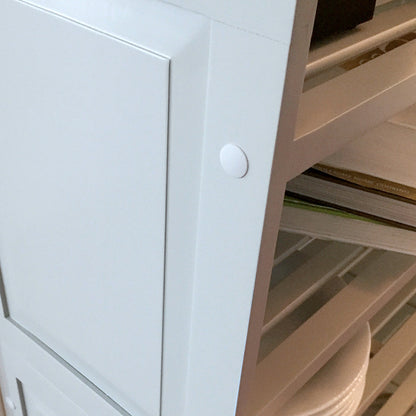 closeup detail of the raised panel side of the grey shelving rack