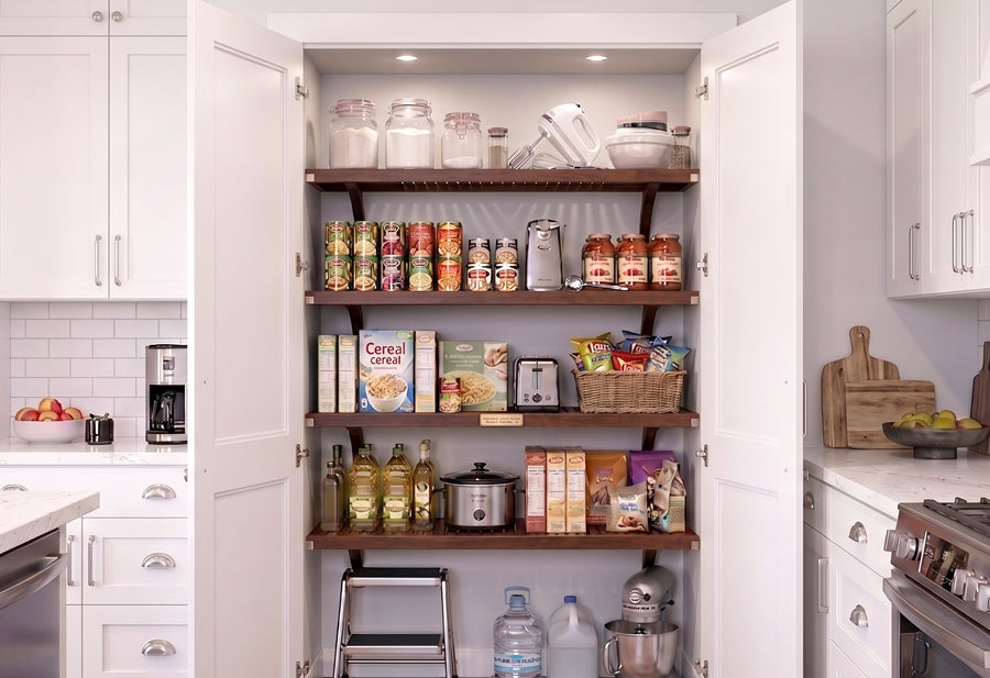 An after image of white pantry cabinet with dark wood shelves stocked with groceries, set within a bright white kitchen.