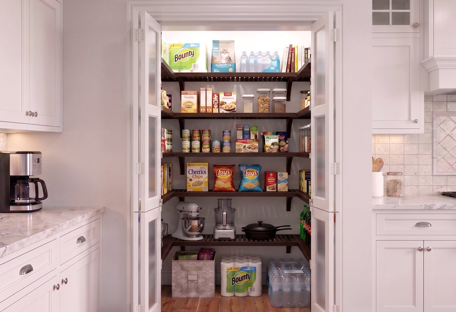 An after image of solid wood shelves replacing wire shelving in a well-organized pantry with everyday grocery items.