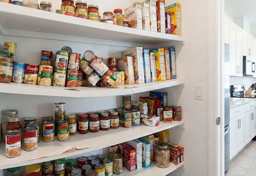 A before image of a reach-in kitchen pantry with chipped and sagging MDF shelves stacked with grocery items falling over.