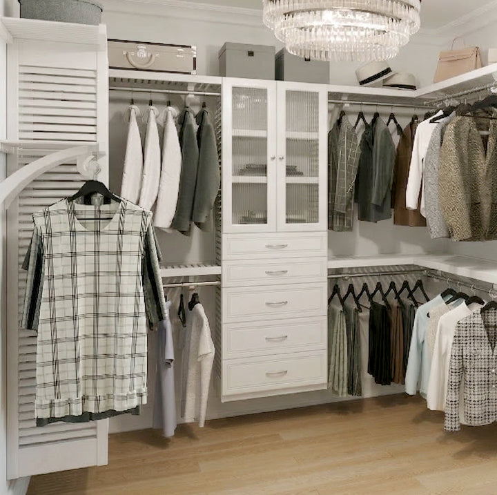 white walk in closet organizer with full cabinet in master closet