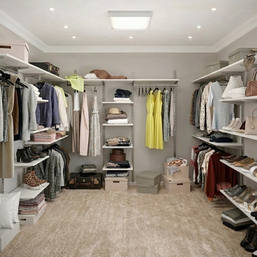 before remodel closet with clothes, shoes, and bags on shelves.