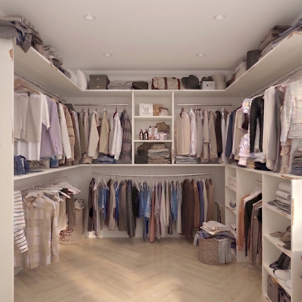 before image of a closet with clothes on hangers and shelves.