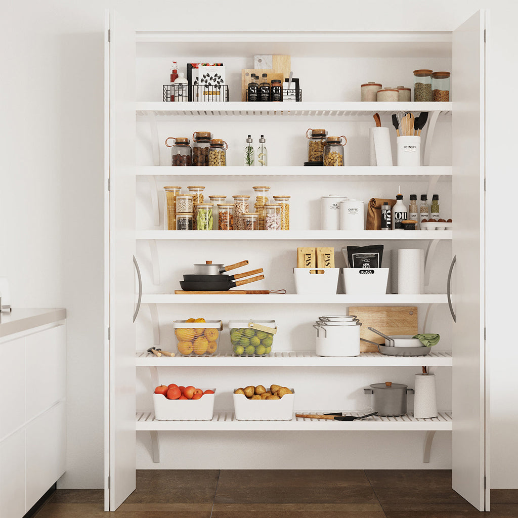 White wood shelving unit with kitchen items in a modern kitchen setting