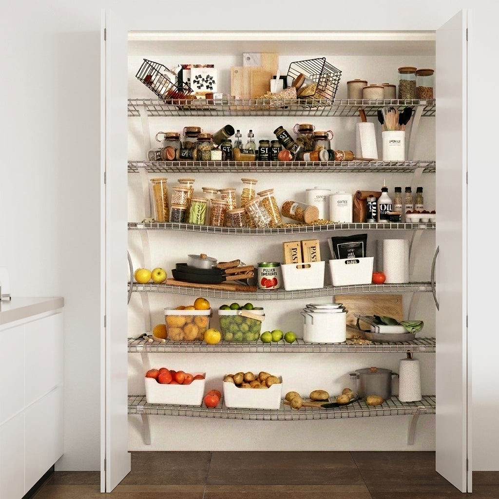 Messy wire shelving unit in a kitchen with various food items and containers.
