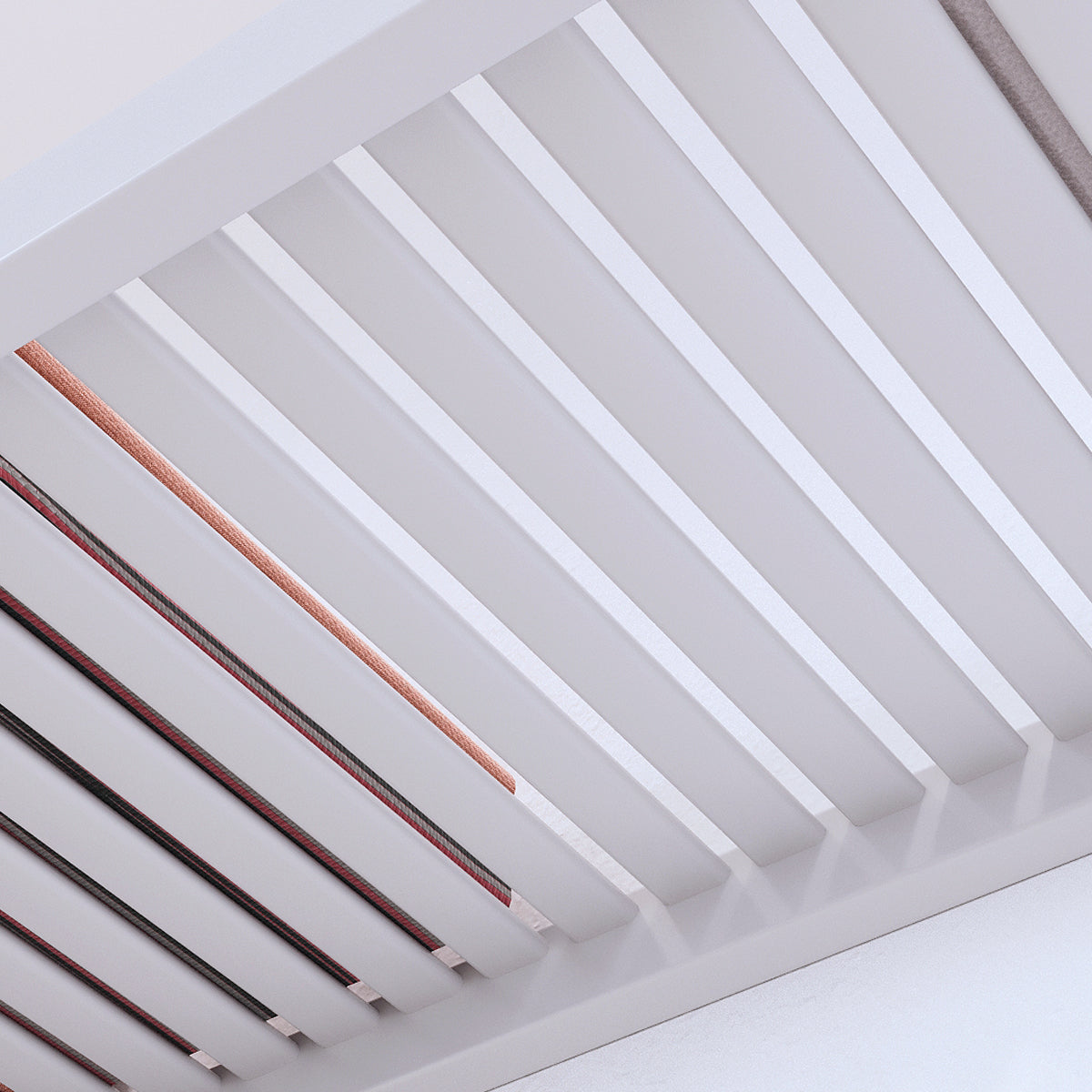 Close-up of a white slatted pantry shelf.