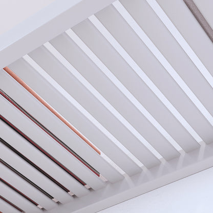 Close-up of a white slatted pantry shelf.