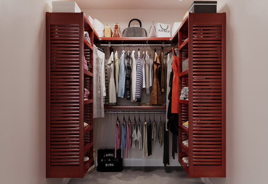 red mahogany medium size walk in closet system design