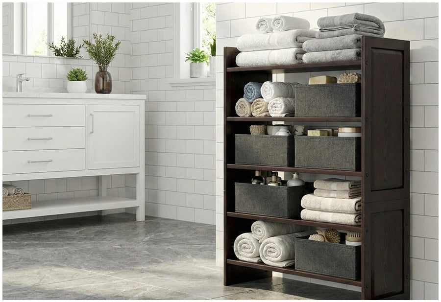 Bathroom with a dark wooden storage shelf holding towels and toiletries.
