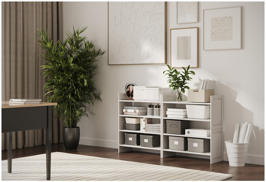 Home office with a bookshelf, desk, and plants
