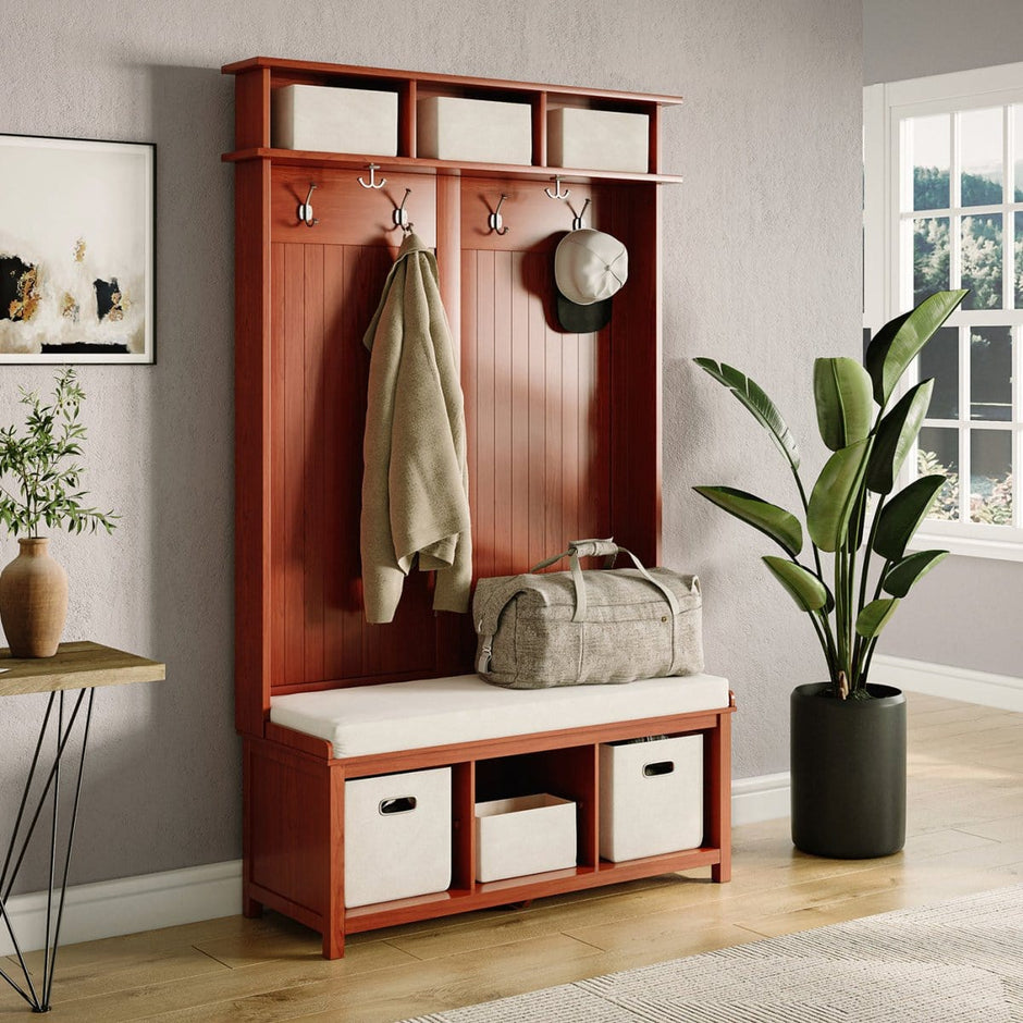 Red Entry Hall Bench Solid Wood Hall Trees | 300lb. Bench & Heavy-Duty Hooks