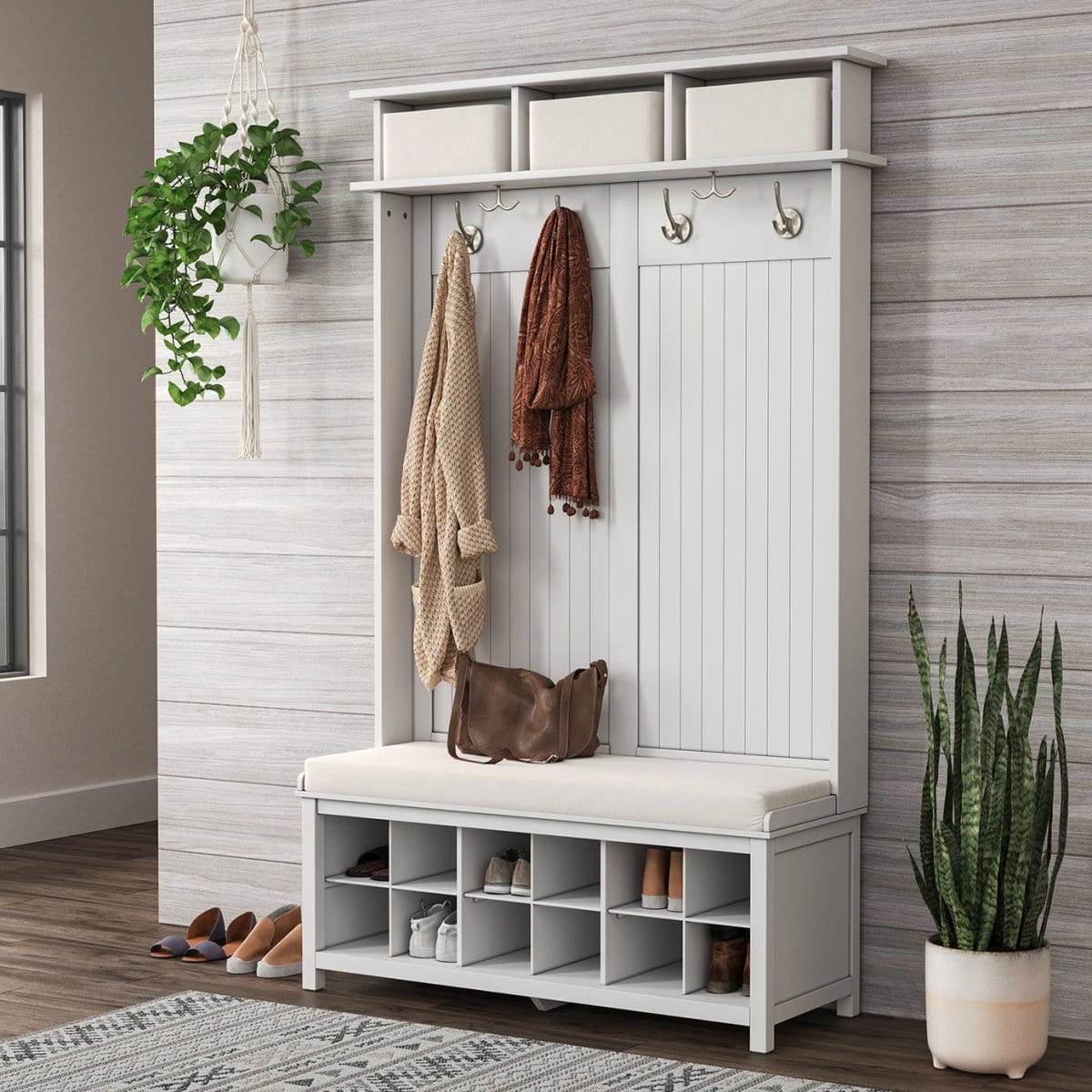 Solid Wood Hall Tree Entryway Shoe Storage (Holds 10 Pair)