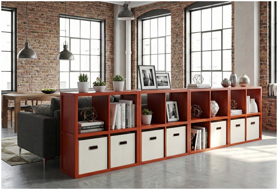 Modern loft interior with a large wooden cube bookshelf, desk, and decor.