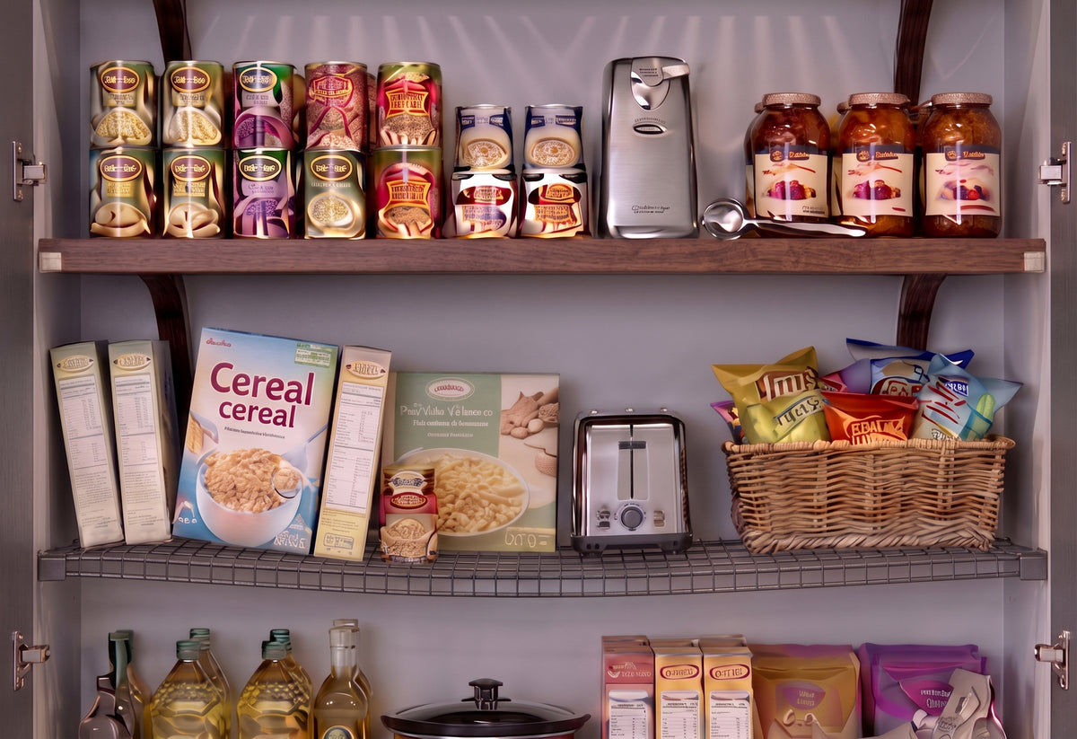 Comparison image of bowing wire pantry shelf from weight compared to a stable solid wood pantry shelf by John Louis Home