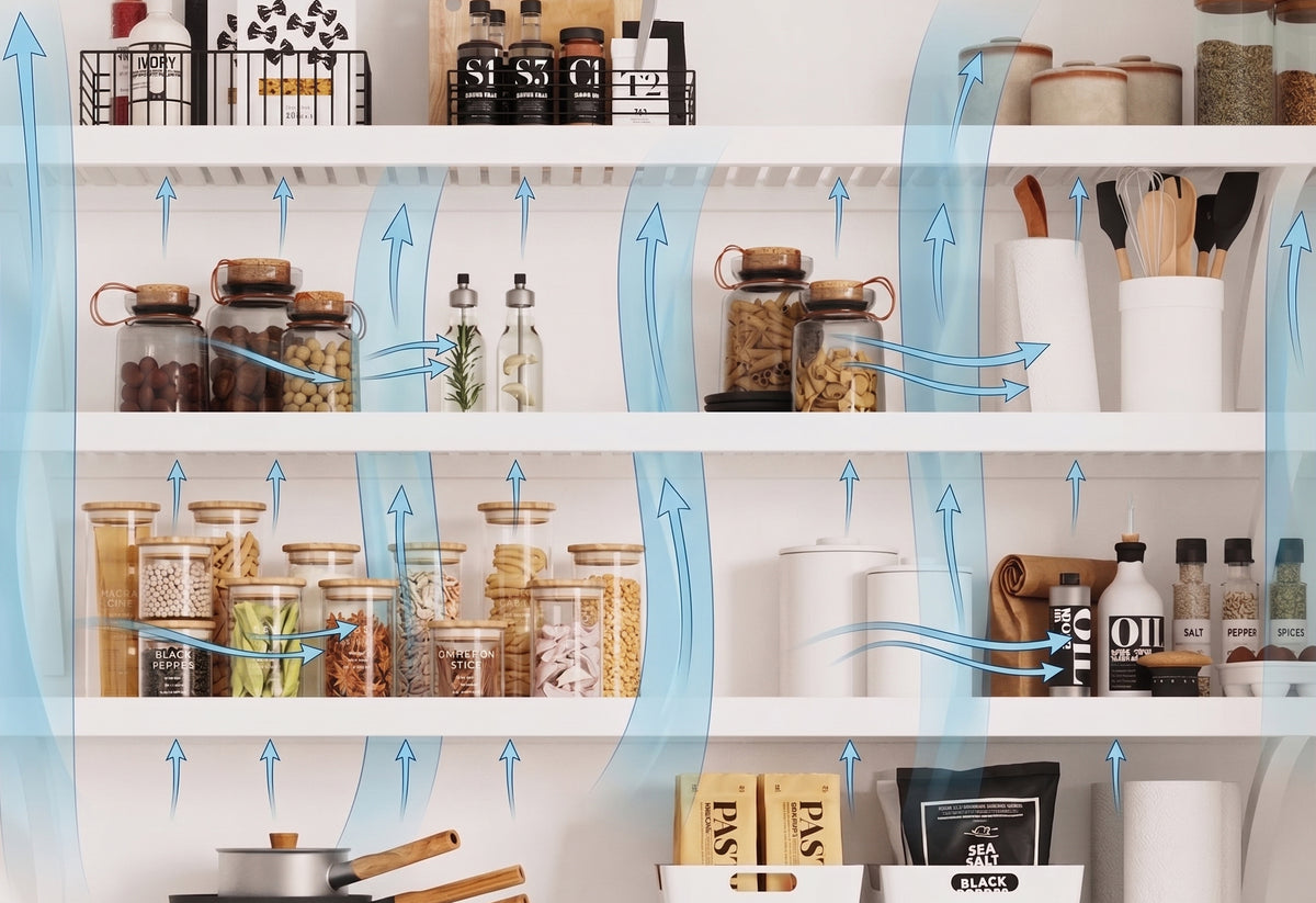 Graphic of how air flows through ventilated solid wood shelving in a kitchen pantry
