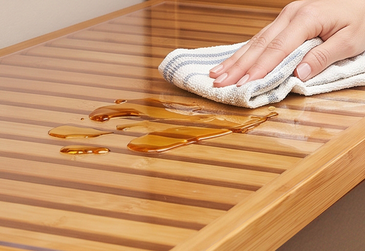 Woman wiping a spill of shelf liner on ventilated solid wood pantry shelf