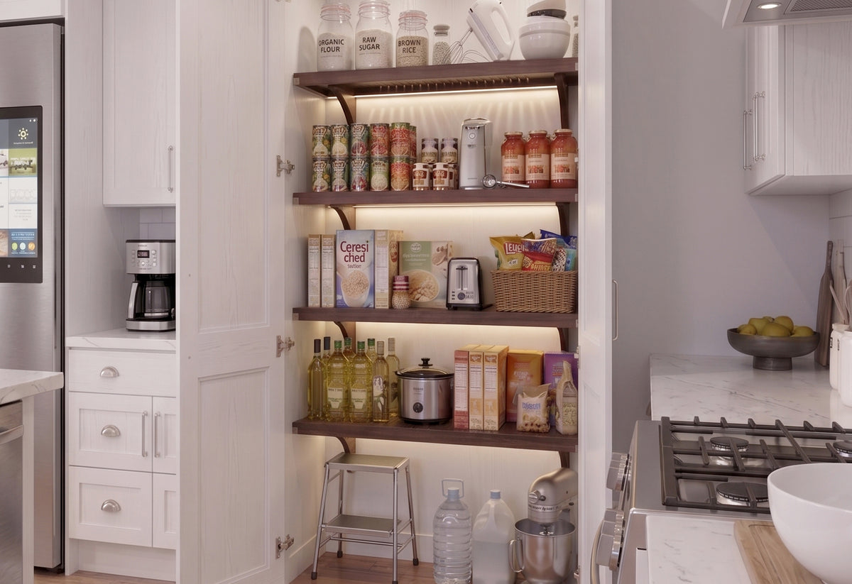 Image of a kitchen pantry organized with John Louis Home shelving containing grocery items.
