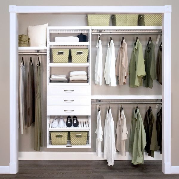Woodcrest White Premier Closet Organizer with 3 drawers l John Louis Home