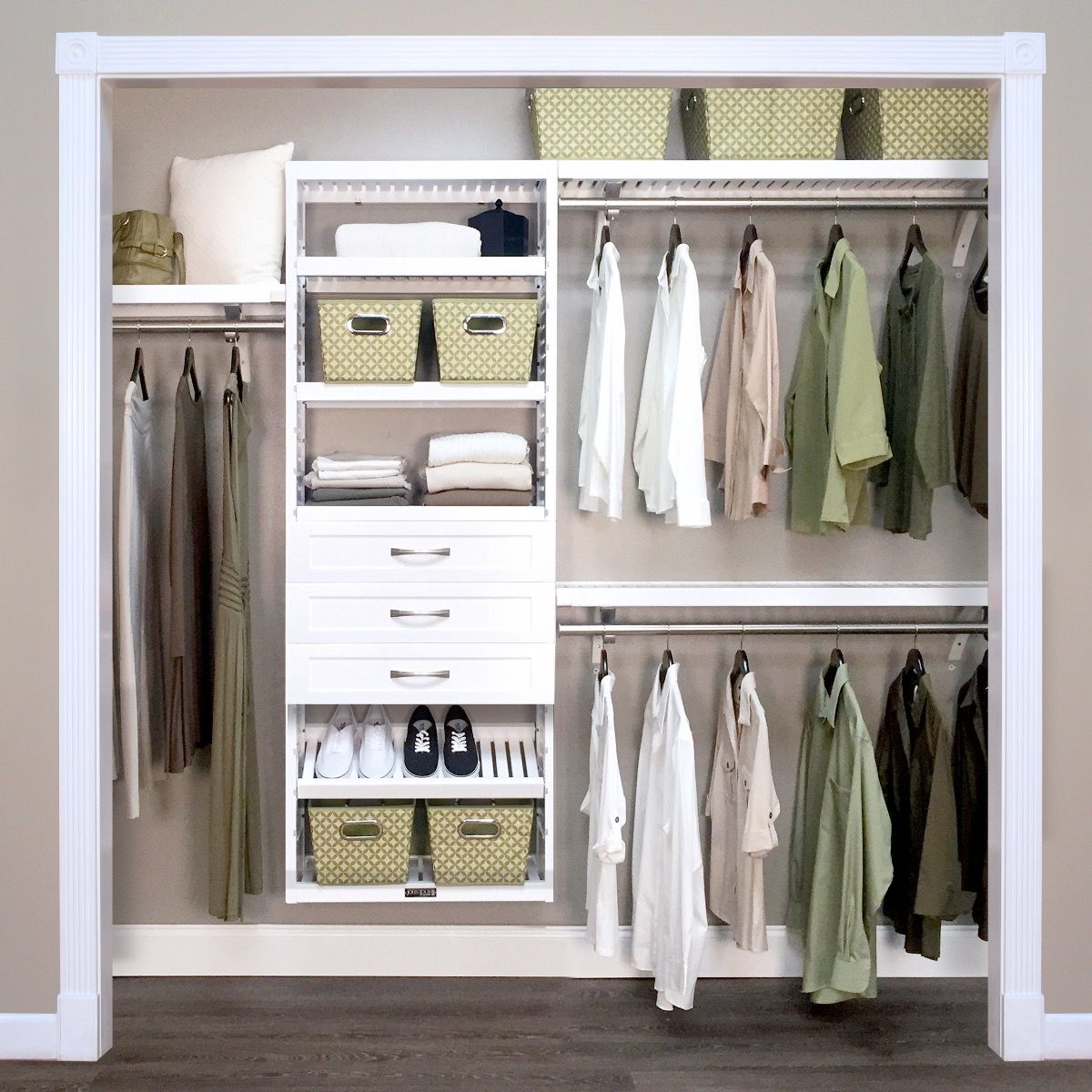 Woodcrest White Premier Closet, Closet With Drawers And Shelves