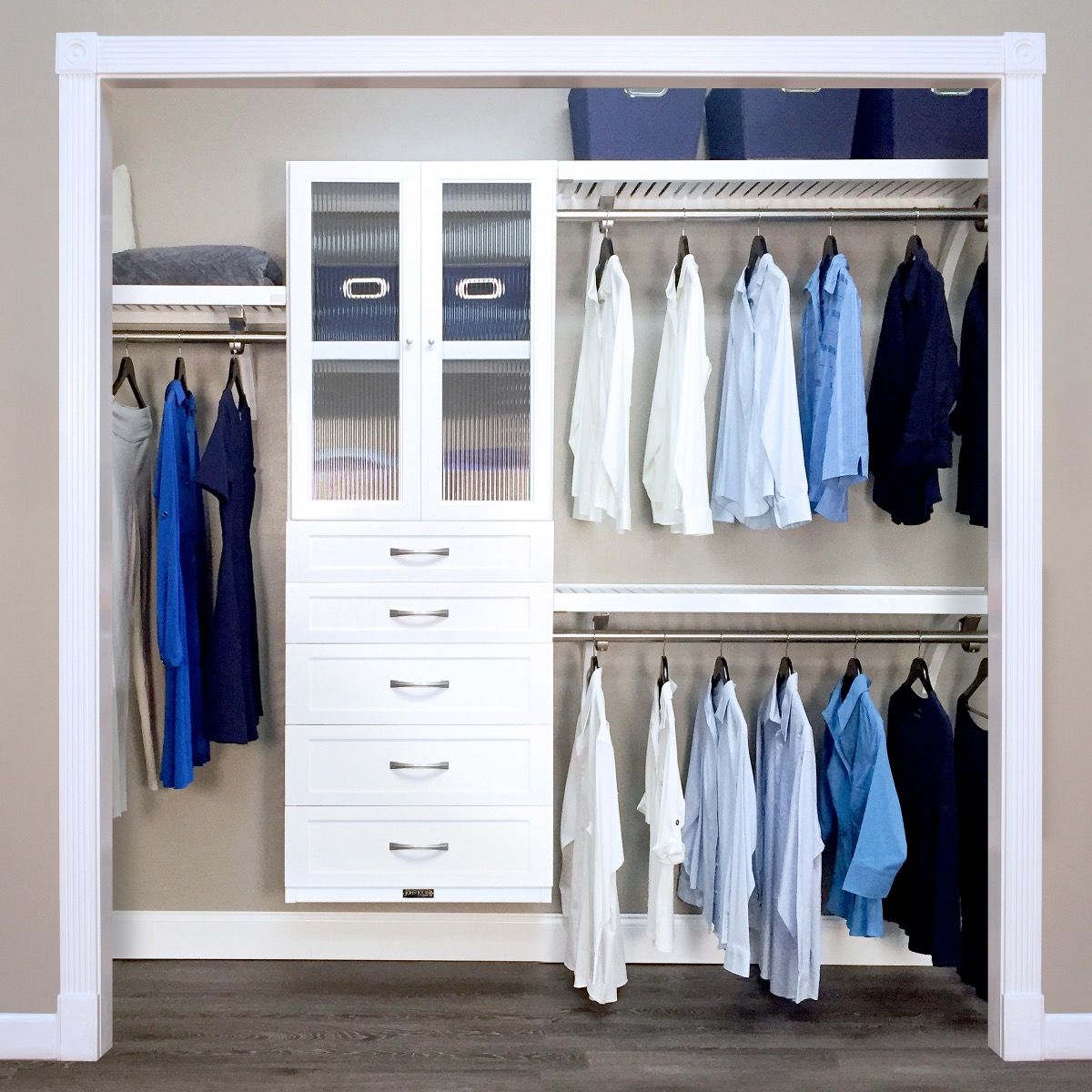 16in. Deep Woodcrest White Deluxe Closet Organizer with 5