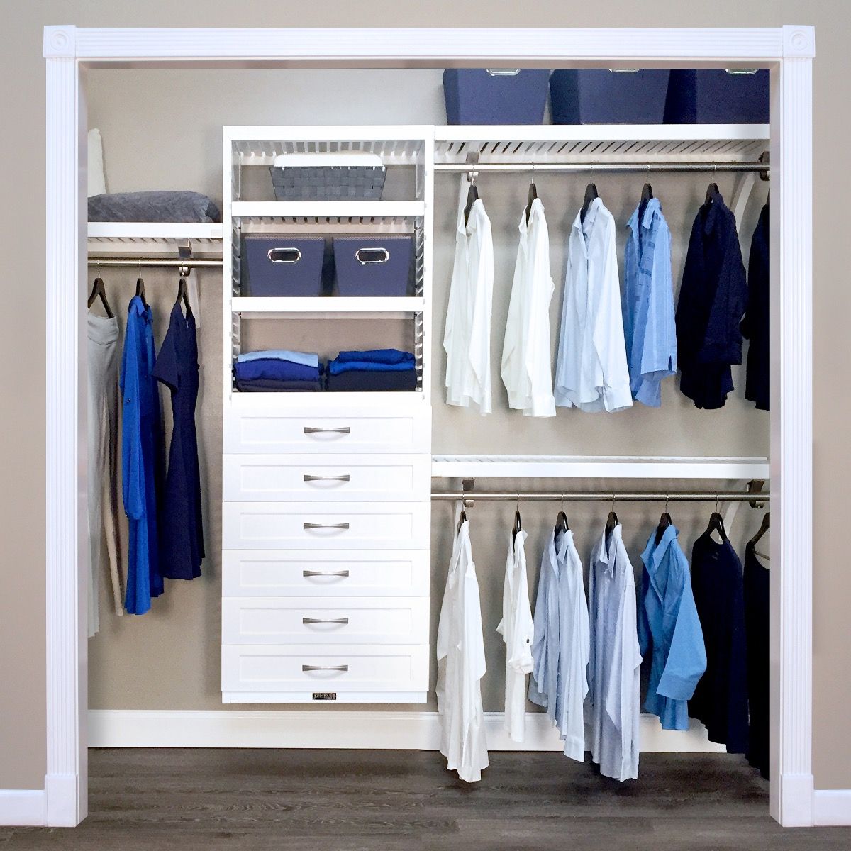 16in. Deep Woodcrest White Deluxe Closet Organizer with 6 drawers