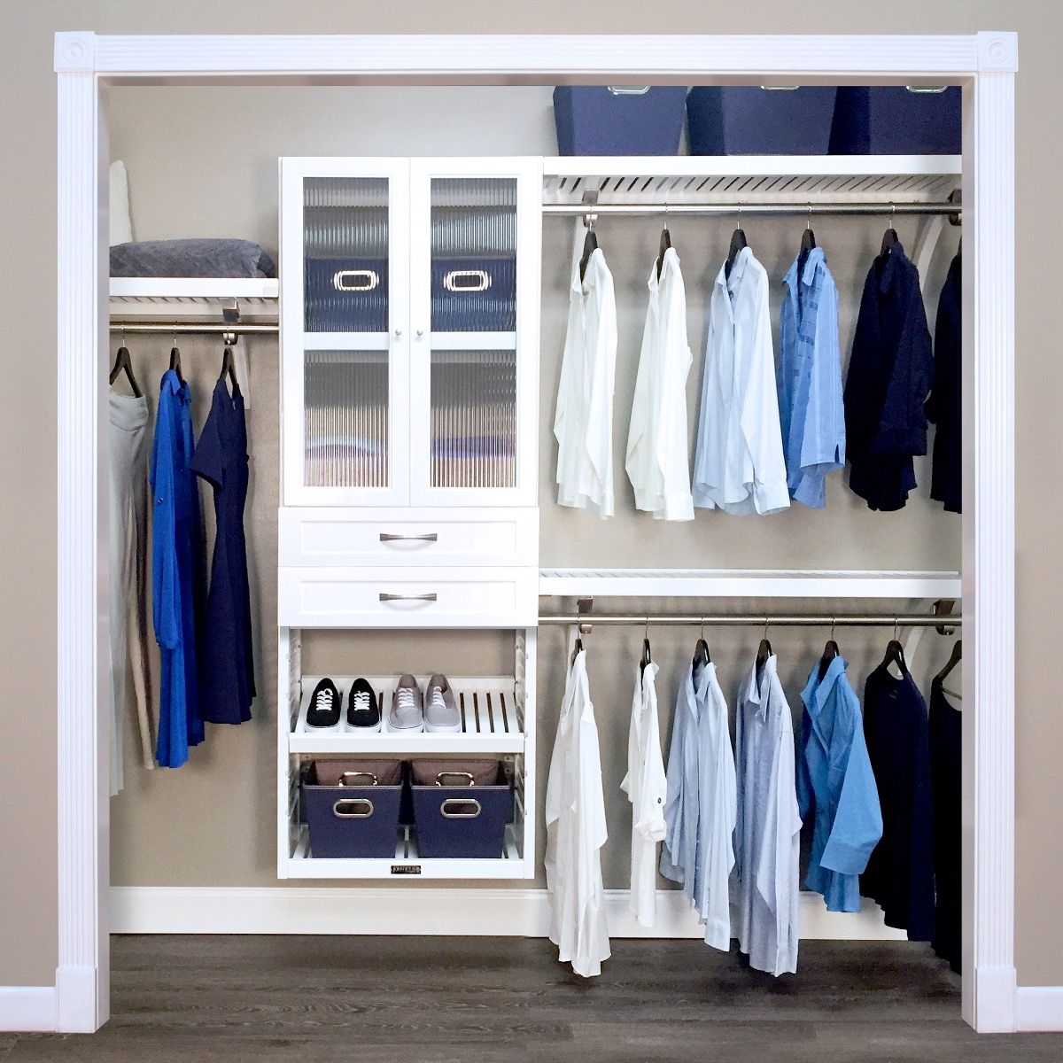 16in. Deep Woodcrest White Deluxe Closet Organizer with 2 drawers and doors