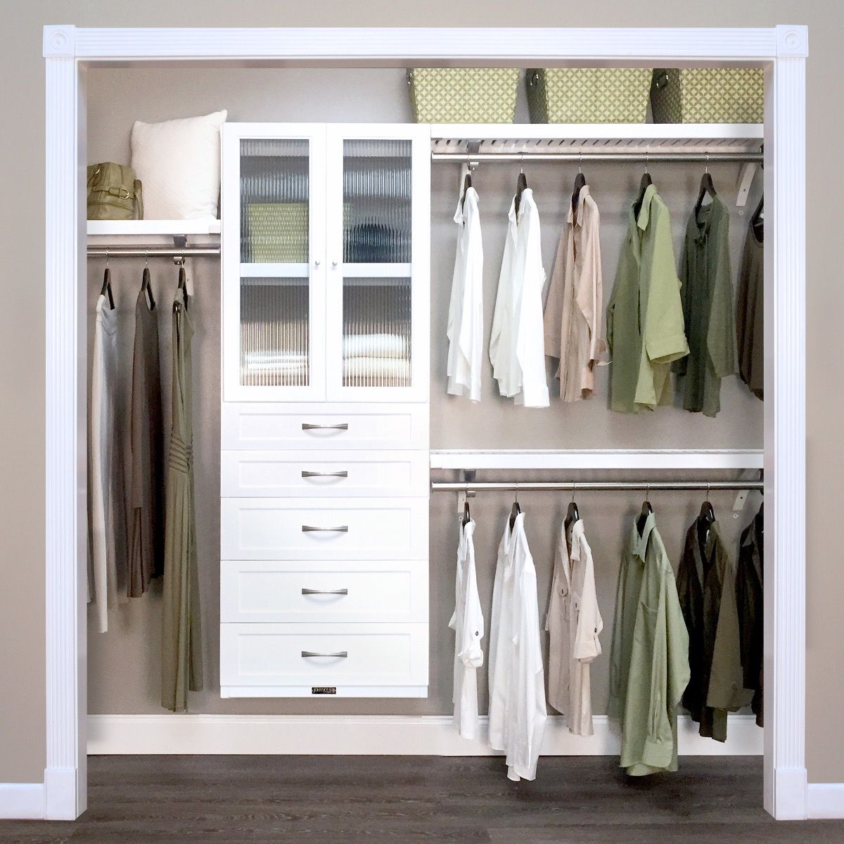 12in. Deep Woodcrest White Premier Closet Organizer with 5 drawers and ...