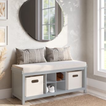 John Louis Home White Entryway Bench with 2 bins and shoe divider lifestyle