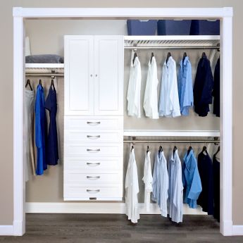 12in. Deep Woodcrest White Premier Organizer with 6 Drawers and shaker style solid doors main lifestyle configuration