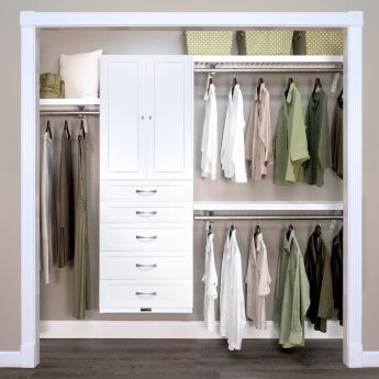 12in. Deep Woodcrest White Premier Organizer with 5 drawers and doors main lifestyle configuration