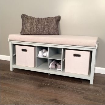 John Louis Home White Entryway Bench with 2 bins and shoe divider lifestyle